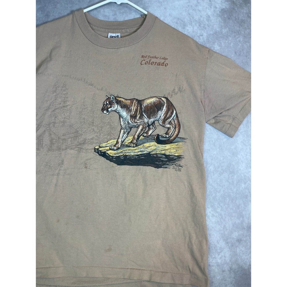 VINTAGE Mountain Lion Shirt Mens Large Brown Tee Nature Colorado USA Made 90s - Picture 2 of 14